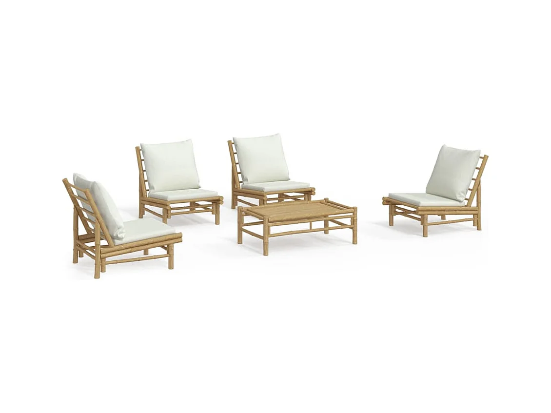 Salon de jardin 5 pcs avec coussins blanc crème bambou