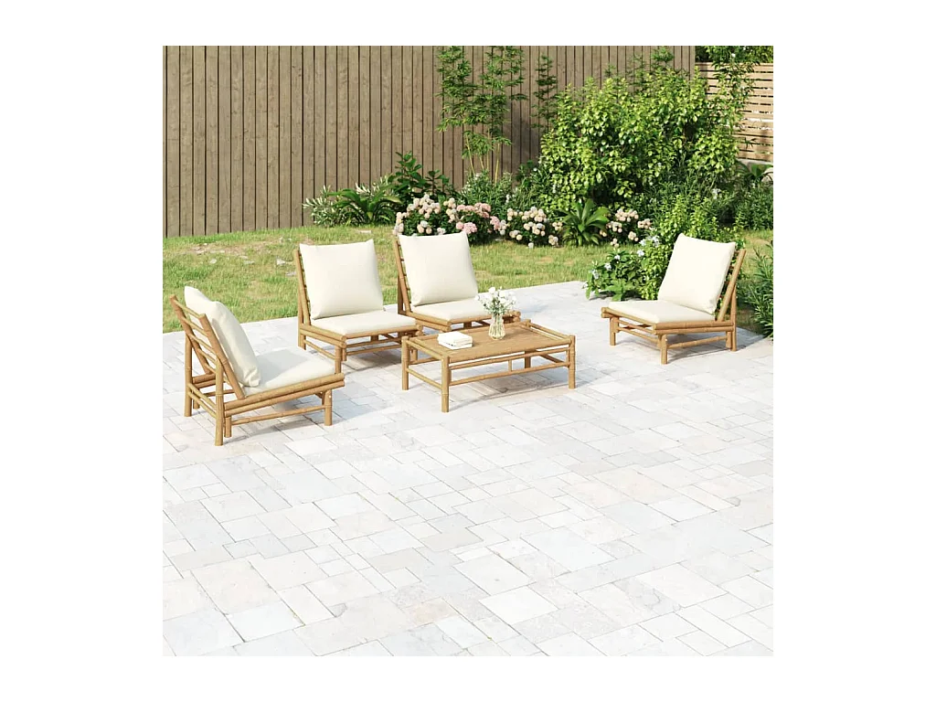 Salon de jardin 5 pcs avec coussins blanc crème bambou