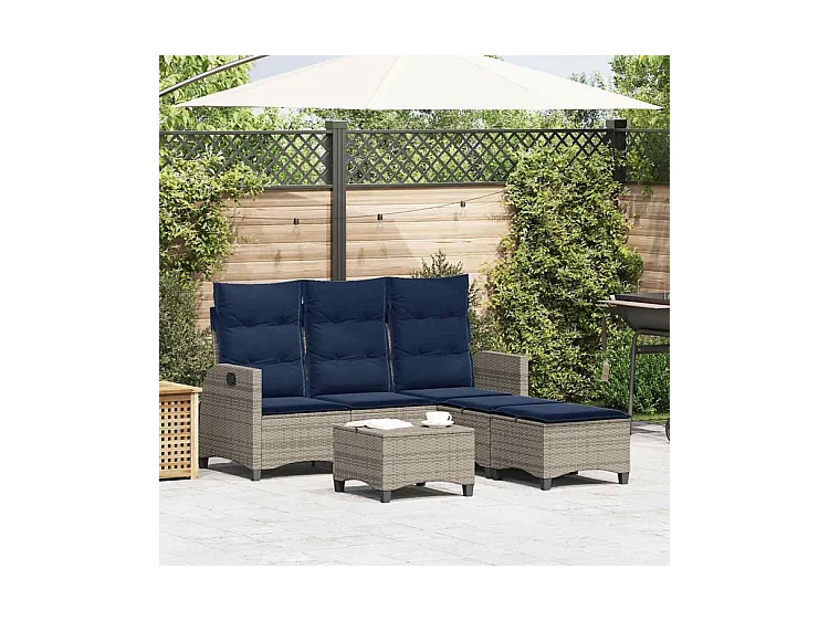 Salon de jardin 3 pcs avec coussins forme L gris résine tressée