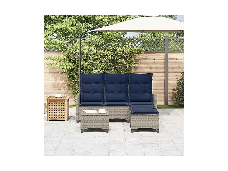 Salon de jardin 3 pcs avec coussins forme L gris résine tressée