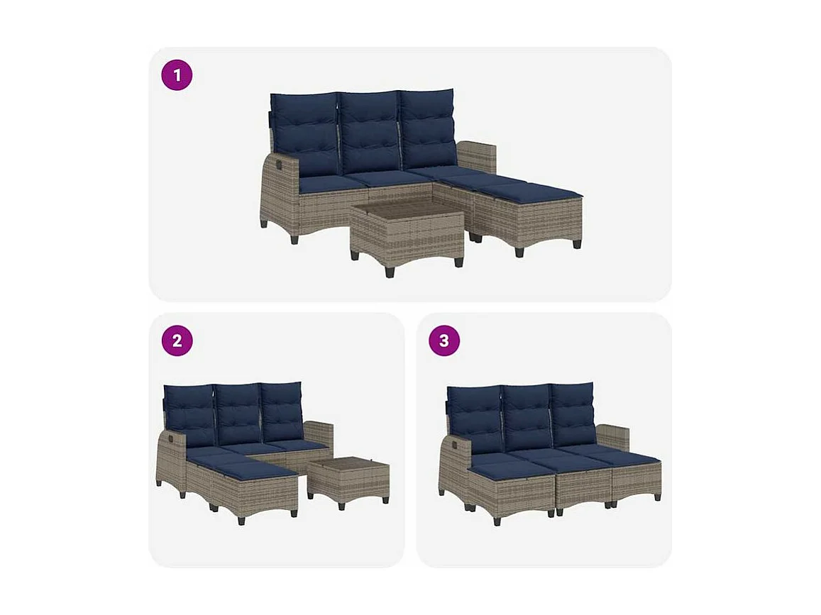 Salon de jardin 3 pcs avec coussins forme L gris résine tressée