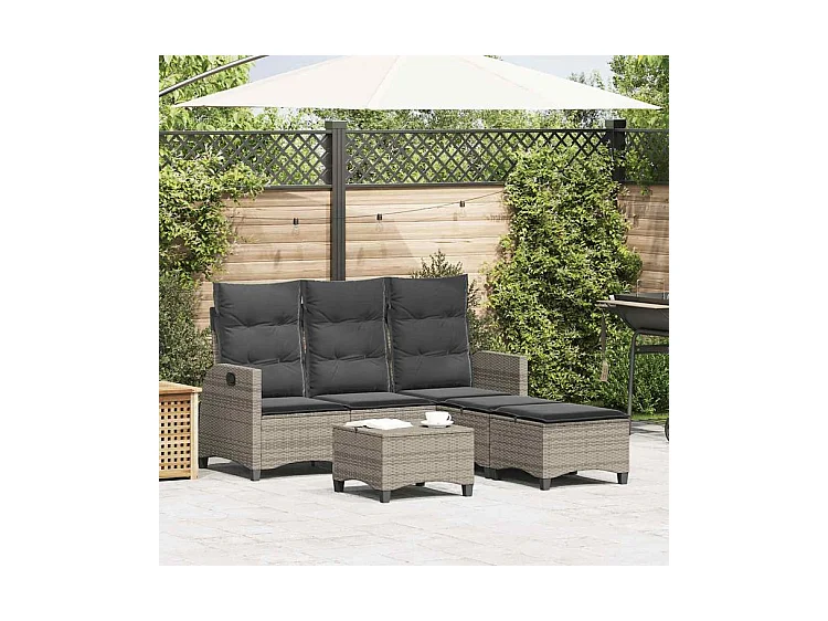 Salon de jardin 3 pcs avec coussins forme L gris résine tressée