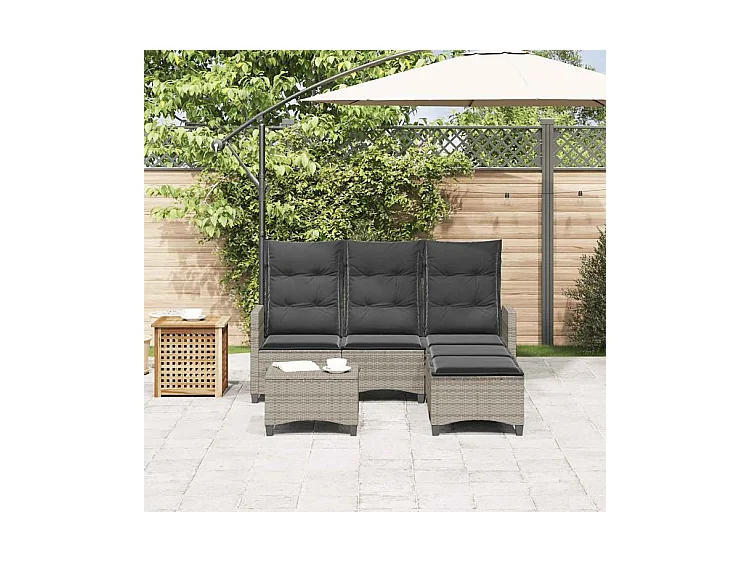 Salon de jardin 3 pcs avec coussins forme L gris résine tressée