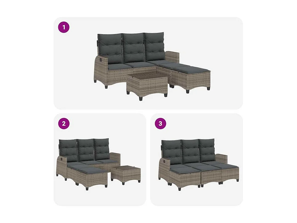 Salon de jardin 3 pcs avec coussins forme L gris résine tressée