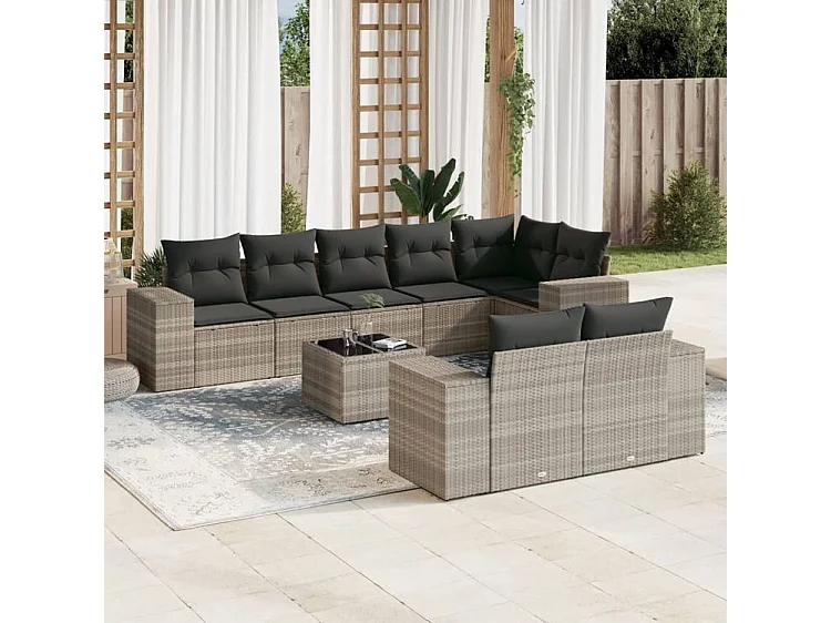 Salon de jardin 9 pcs avec coussins gris clair résine tressée