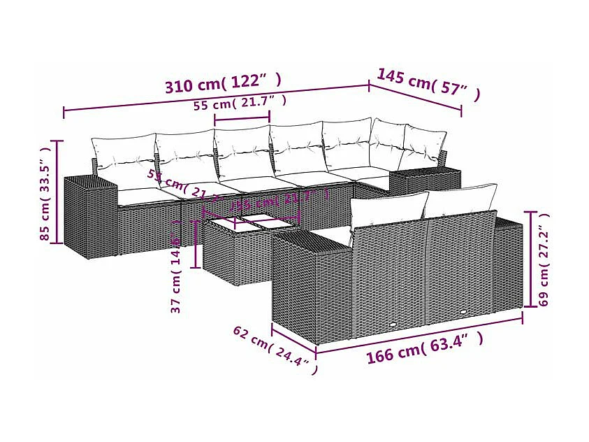 Salon de jardin 9 pcs avec coussins gris clair résine tressée