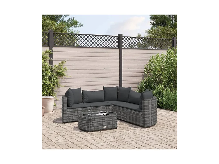 Salon de jardin 6 pcs avec coussins gris résine tressée
