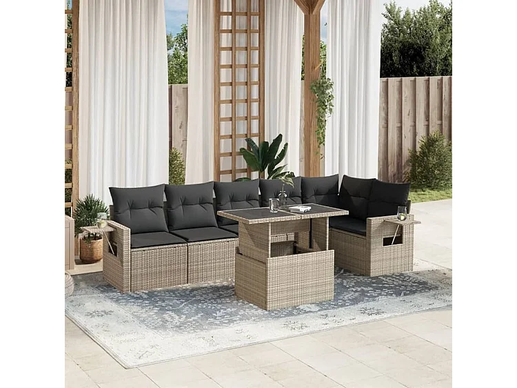 Salon de jardin avec coussins 7 pcs gris clair résine tressée