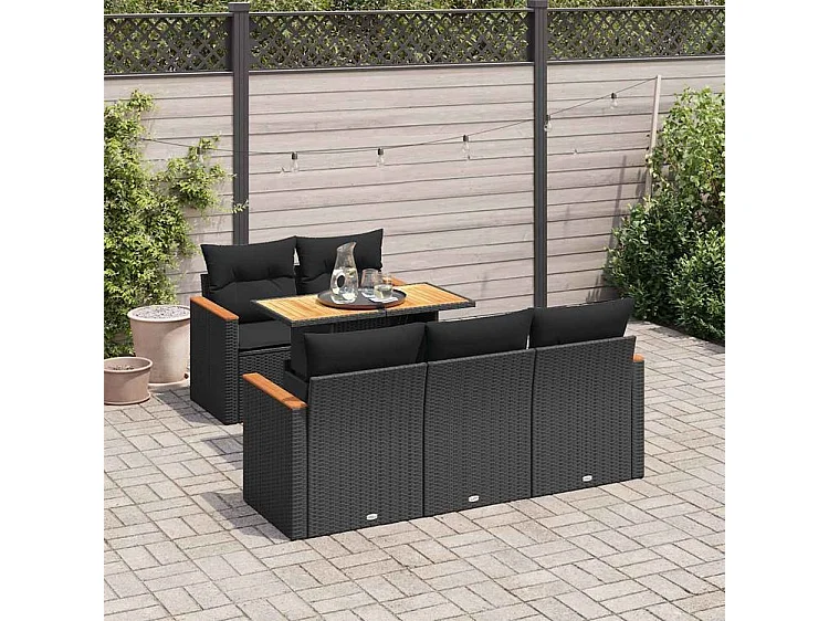 Salon de jardin 6 pcs avec coussins noir résine tressée acacia