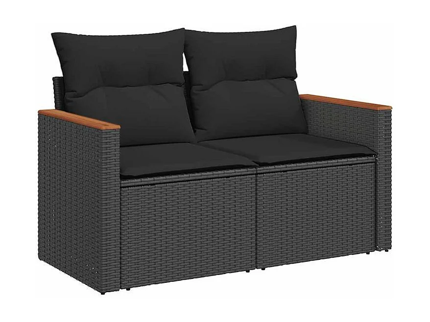 Salon de jardin 6 pcs avec coussins noir résine tressée acacia