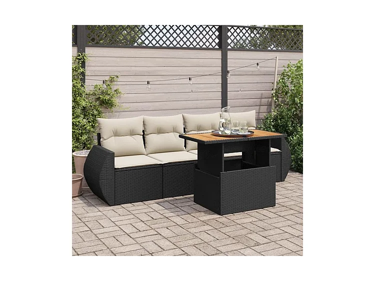 Salon de jardin 5 pcs avec coussins noir résine tressée