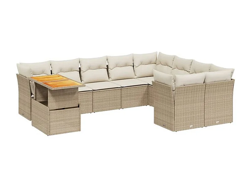 Salon de jardin avec coussins 10 pcs beige résine tressée