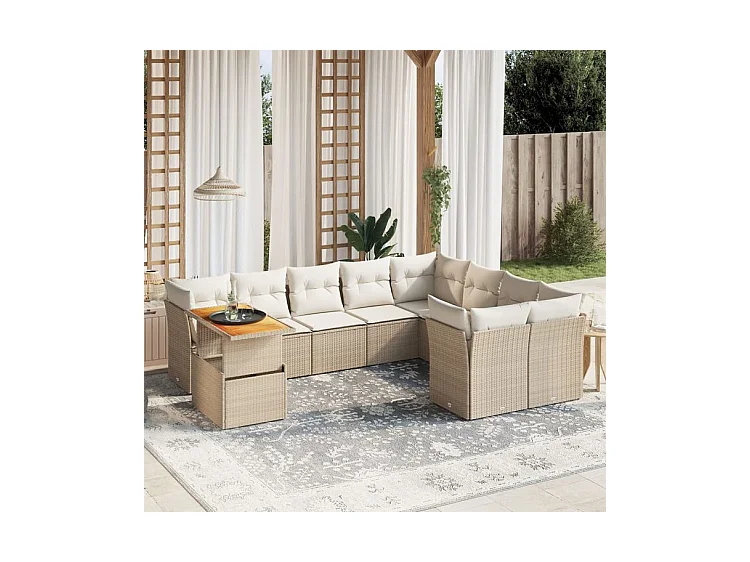 Salon de jardin avec coussins 10 pcs beige résine tressée