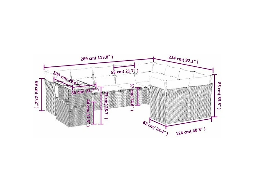 Salon de jardin avec coussins 10 pcs beige résine tressée