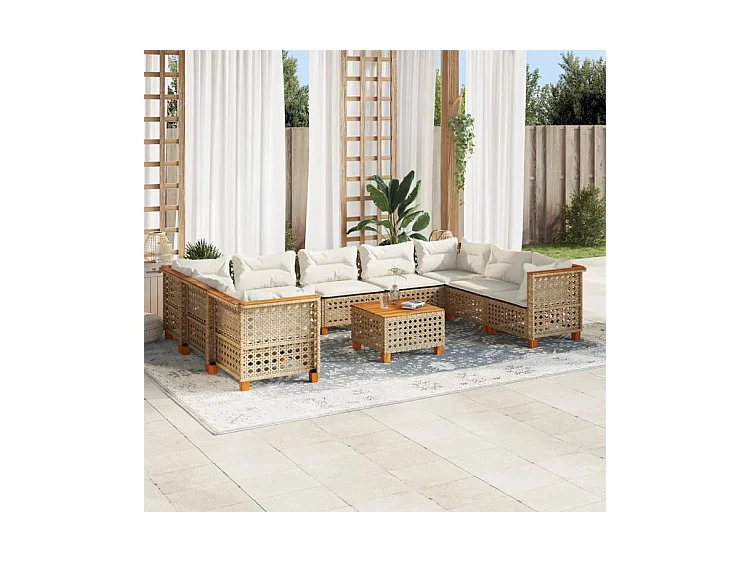 Salon de jardin avec coussins 10 pcs beige résine tressée