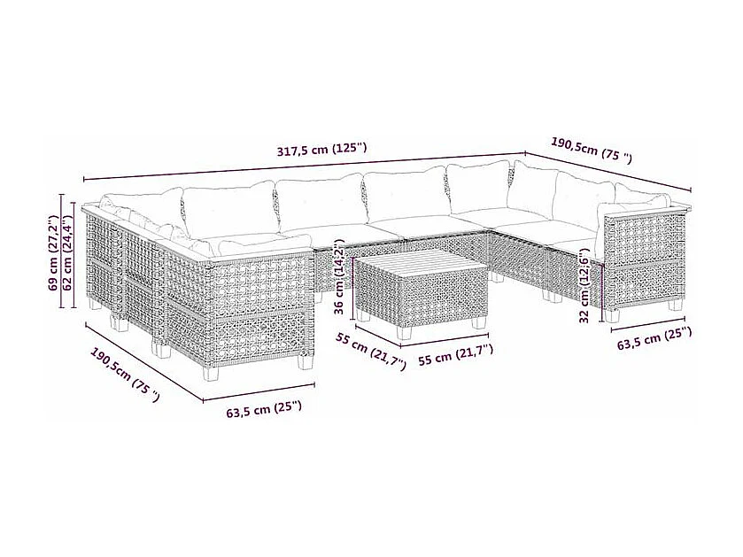 Salon de jardin avec coussins 10 pcs beige résine tressée