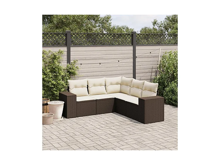 Salon de jardin avec coussins 5 pcs marron résine tressée
