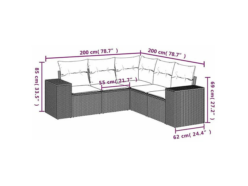 Salon de jardin avec coussins 5 pcs marron résine tressée