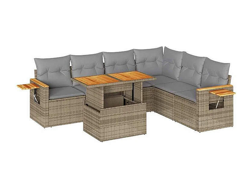 Salon de jardin 6 pcs avec coussins beige résine tressée acacia