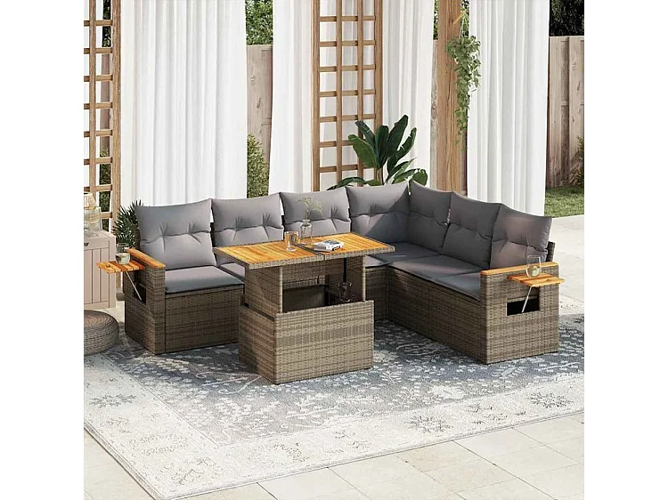 Salon de jardin 6 pcs avec coussins beige résine tressée acacia