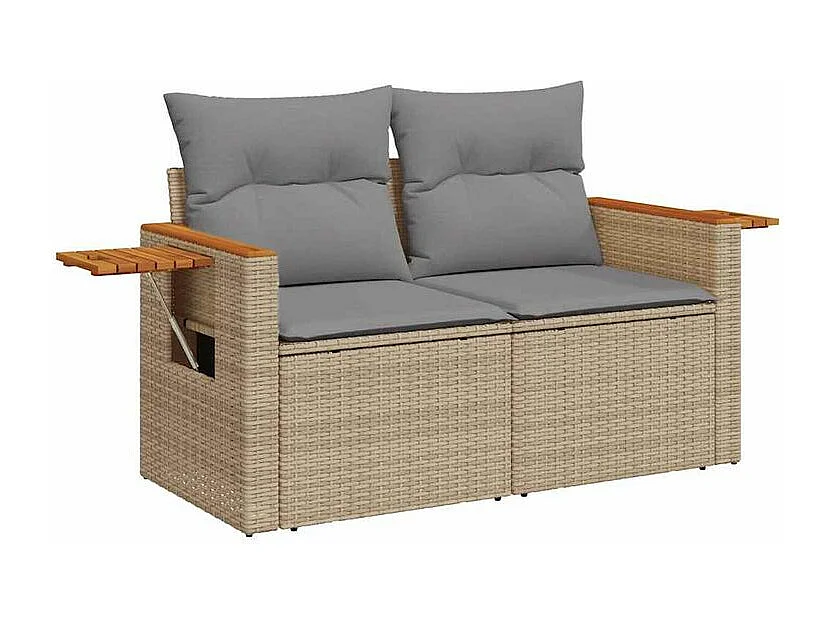 Salon de jardin 6 pcs avec coussins beige résine tressée acacia