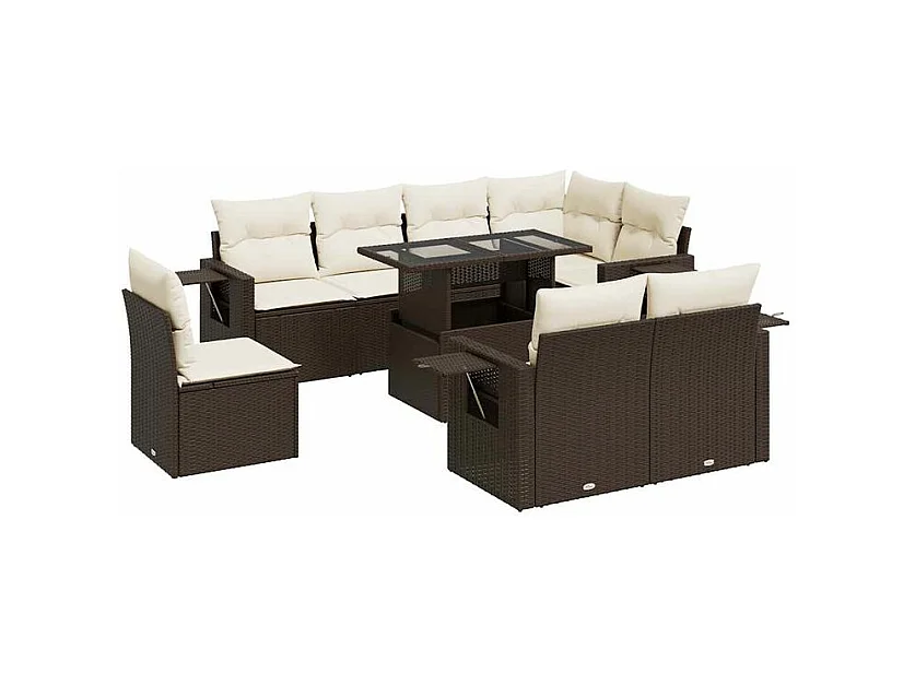 Salon de jardin avec coussins 9 pcs marron résine tressée