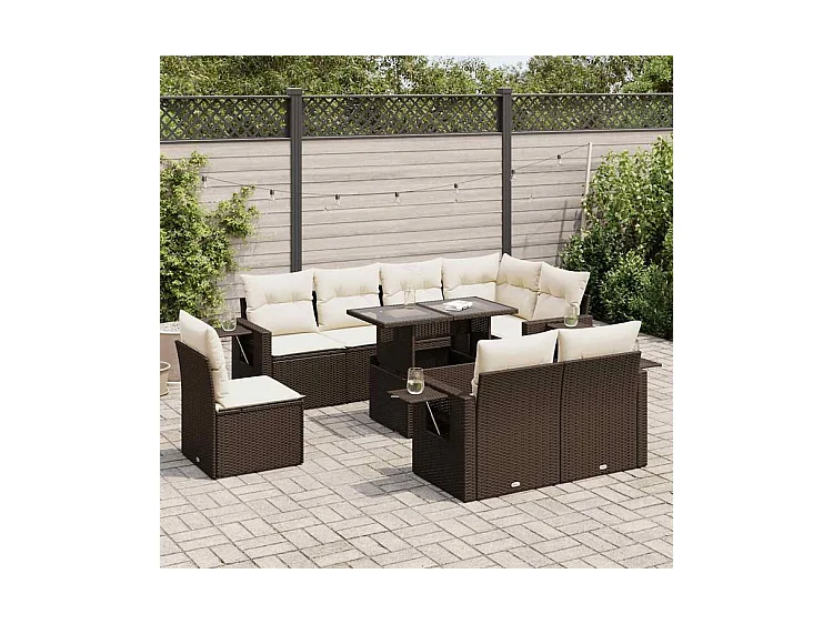 Salon de jardin avec coussins 9 pcs marron résine tressée