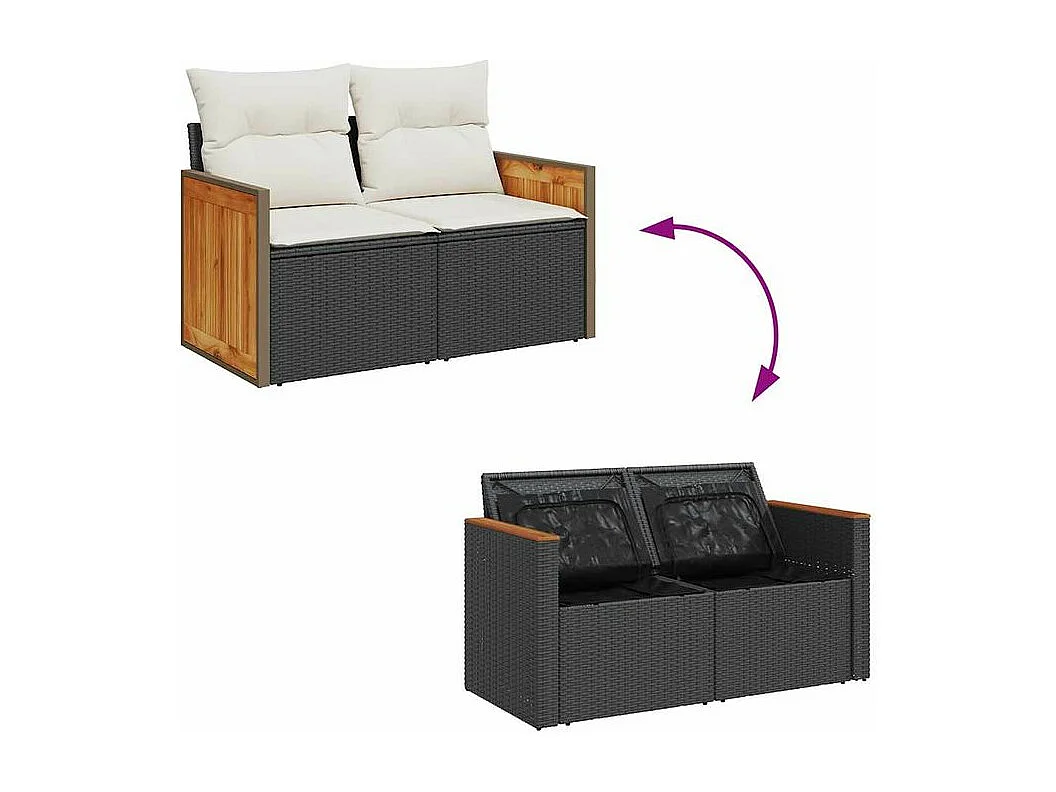 Salon de jardin 10 pcs avec coussins noir résine tressée acacia