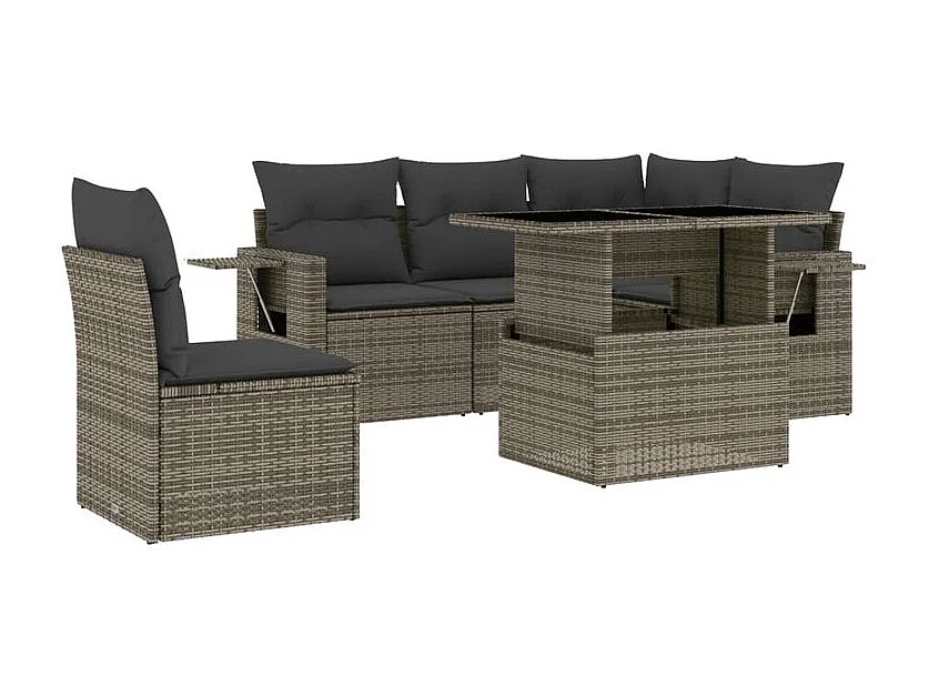 Salon de jardin 6 pcs avec coussins gris résine tressée