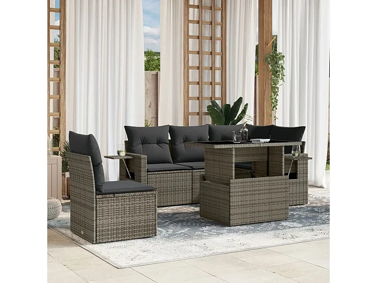 Salon de jardin 6 pcs avec coussins gris résine tressée
