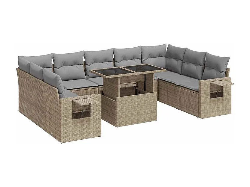 Salon de jardin avec coussins 10 pcs beige résine tressée