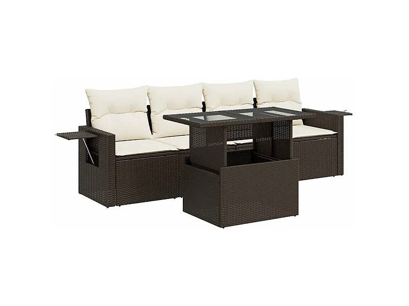 Salon de jardin avec coussins 5 pcs marron résine tressée
