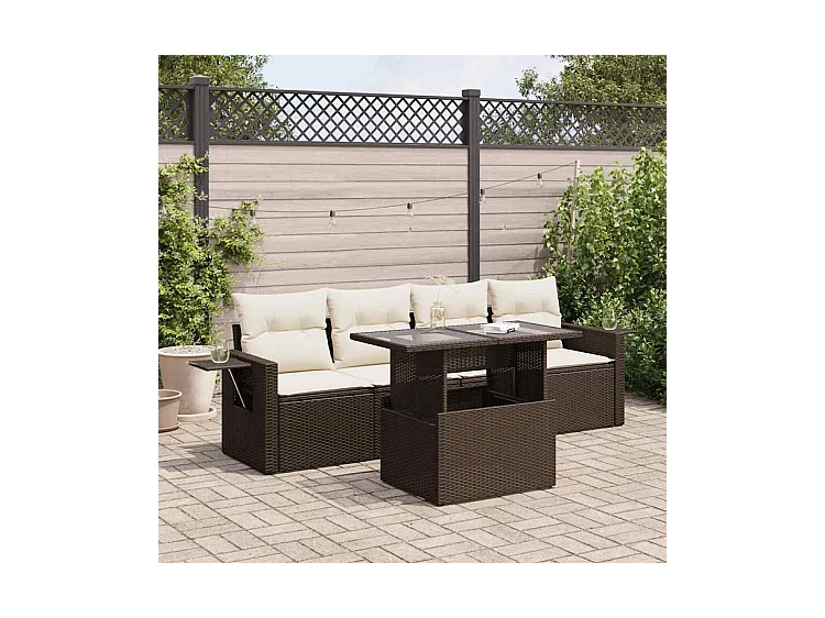 Salon de jardin avec coussins 5 pcs marron résine tressée