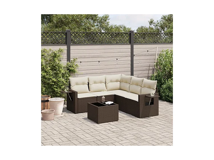 Salon de jardin avec coussins 6 pcs marron résine tressée