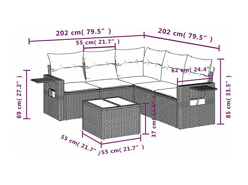 Salon de jardin avec coussins 6 pcs marron résine tressée