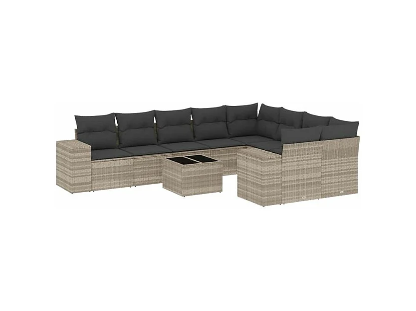 Salon de jardin avec coussins 10 pcs gris clair résine tressée