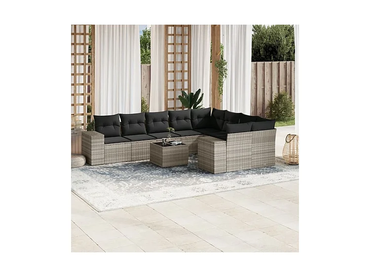 Salon de jardin avec coussins 10 pcs gris clair résine tressée