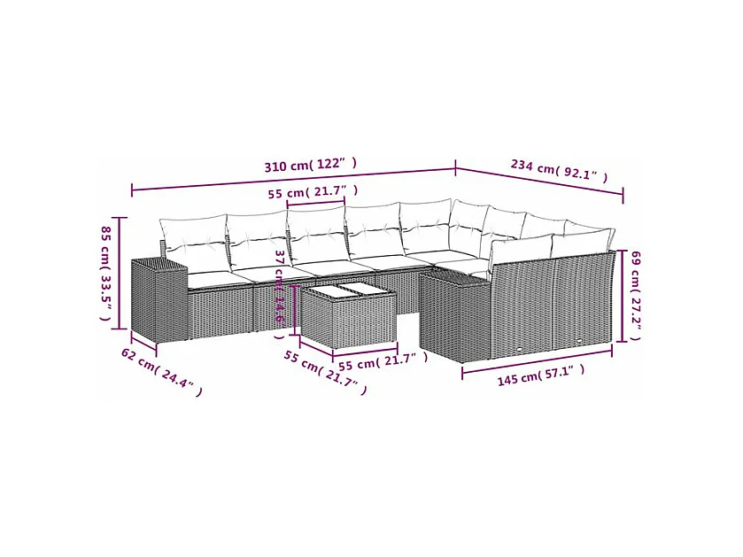 Salon de jardin avec coussins 10 pcs gris clair résine tressée