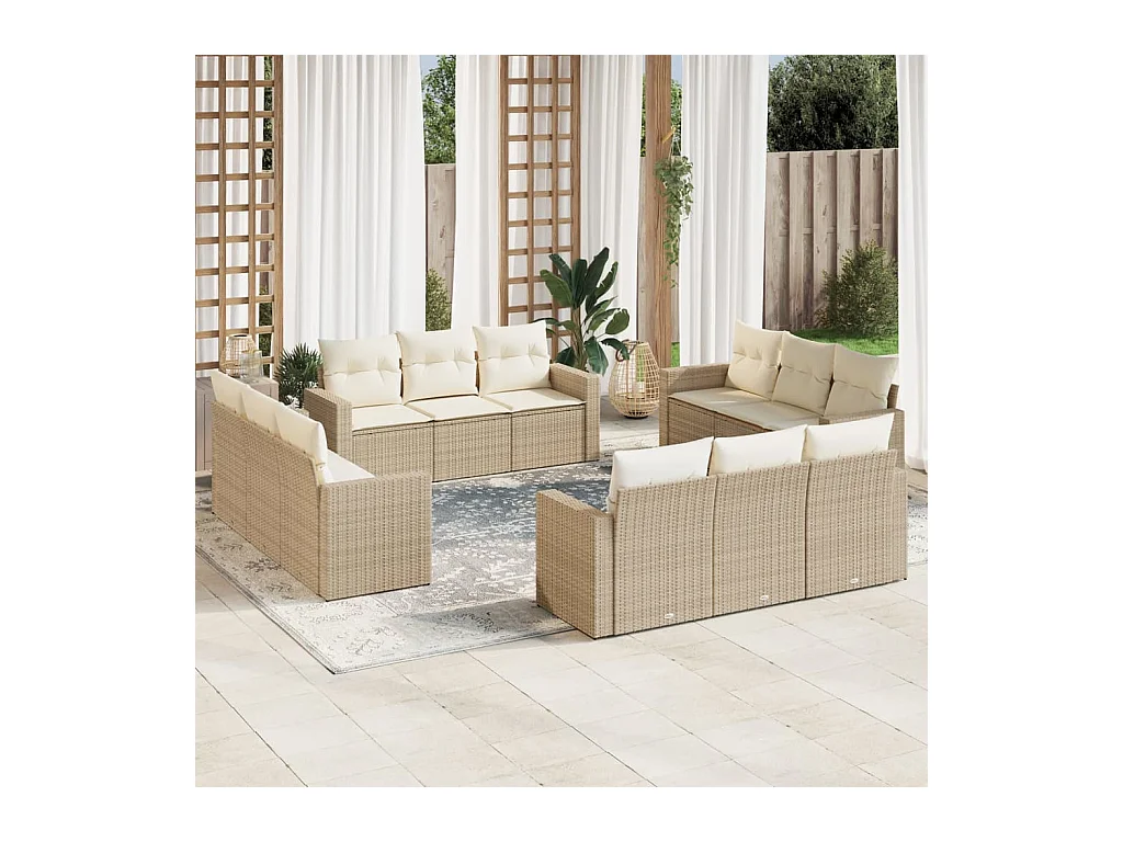 Salon de jardin avec coussins 12 pcs beige résine tressée