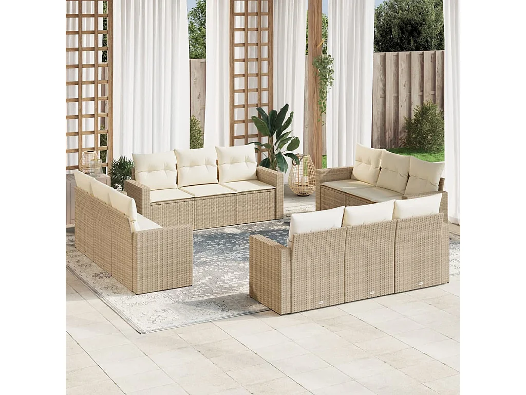 Salon de jardin avec coussins 12 pcs beige résine tressée