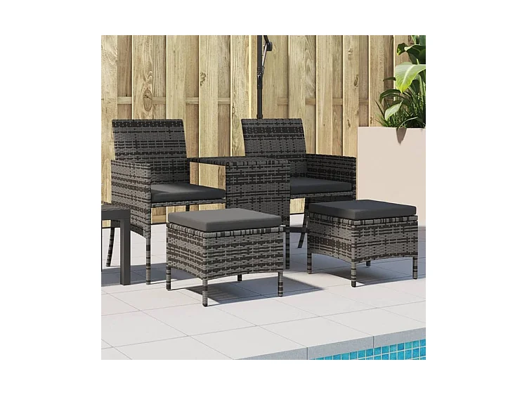 Canapé de jardin 2 places avec table et tabourets gris rotin