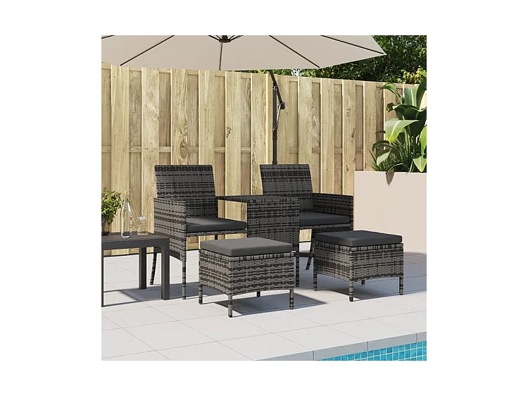 Canapé de jardin 2 places avec table et tabourets gris rotin