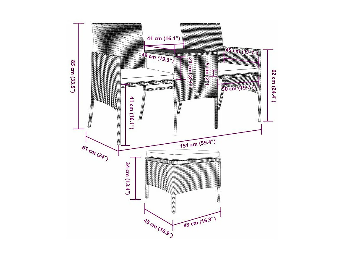 Canapé de jardin 2 places avec table et tabourets gris rotin