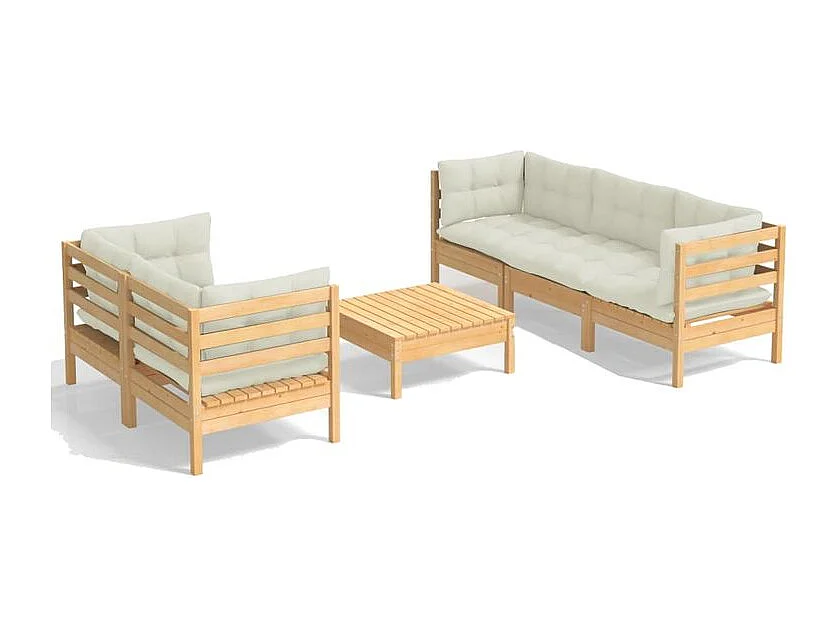 Salon de jardin 6 pcs avec coussins crème Bois de pin