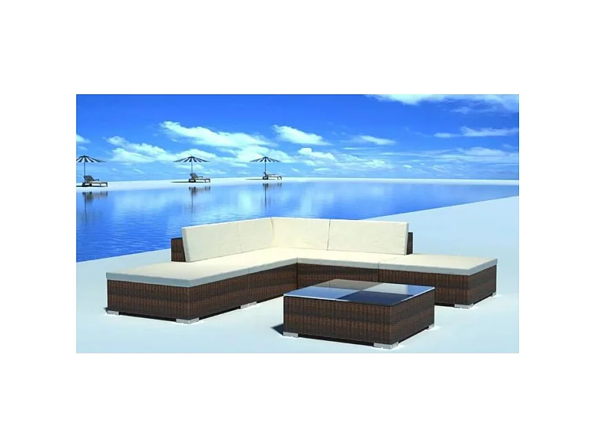 Salon de jardin 6 pièces résine tressée marron coussins blanc Kim