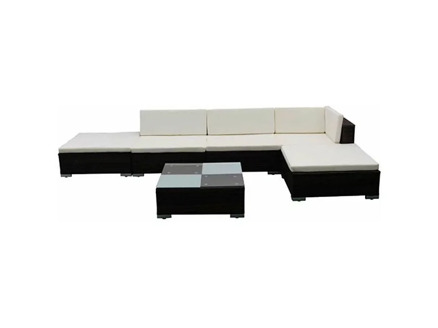 Salon de jardin 6 pièces résine tressée marron coussins blanc Kim