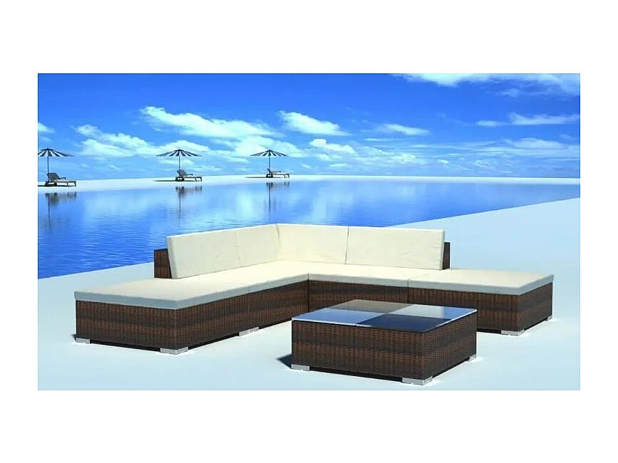 Salon de jardin 6 pièces résine tressée marron coussins blanc Kim