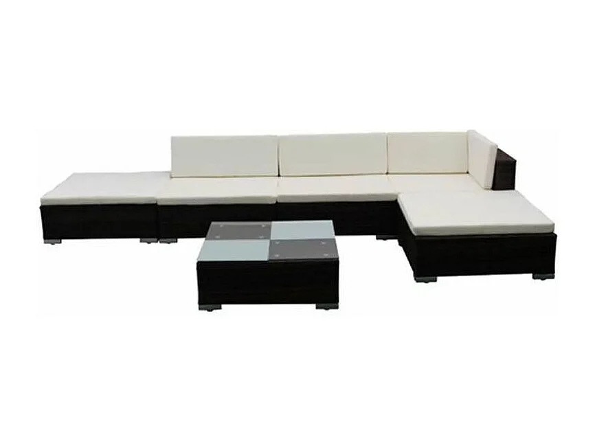 Salon de jardin 6 pièces résine tressée marron coussins blanc Kim