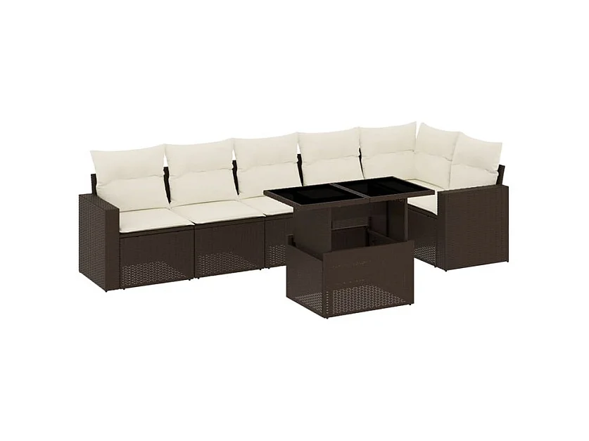 Salon de jardin avec coussins 7 pcs marron résine tressée