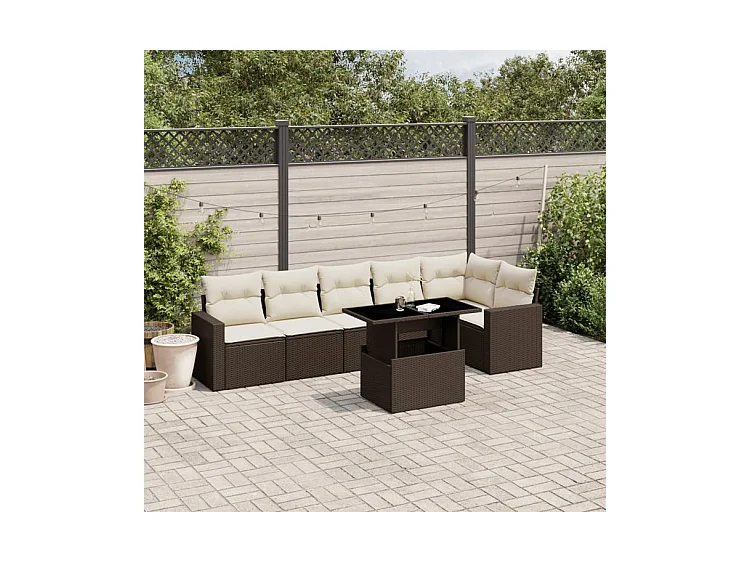 Salon de jardin avec coussins 7 pcs marron résine tressée